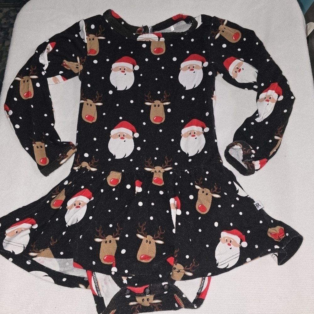 Kids Holiday Santa & Reindeer Skirted Bodysuit - Black